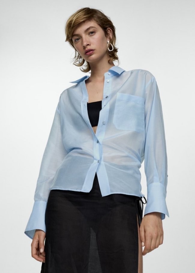 Mango Camisa algodón seda oversize - Azul celeste