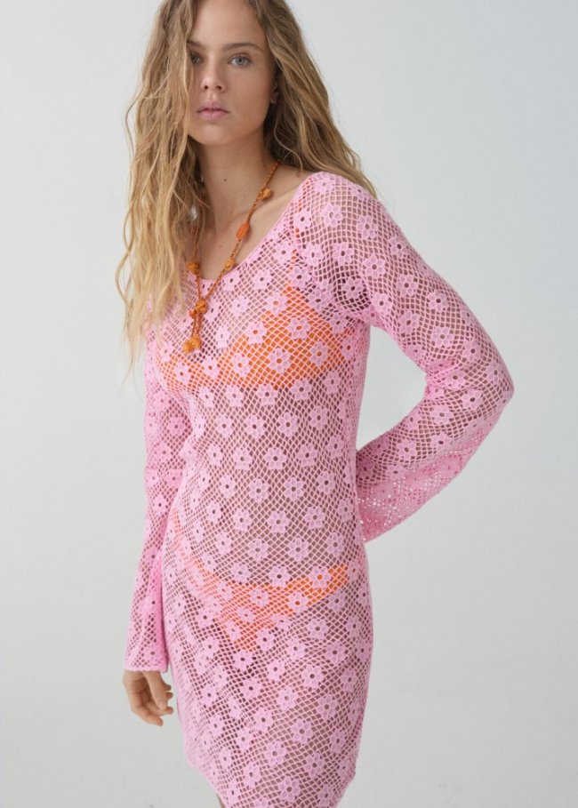Mango Vestido crochet flores - Rosa pastel