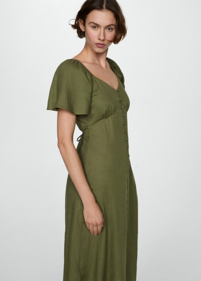 Mango Vestido lino botones - Khaki