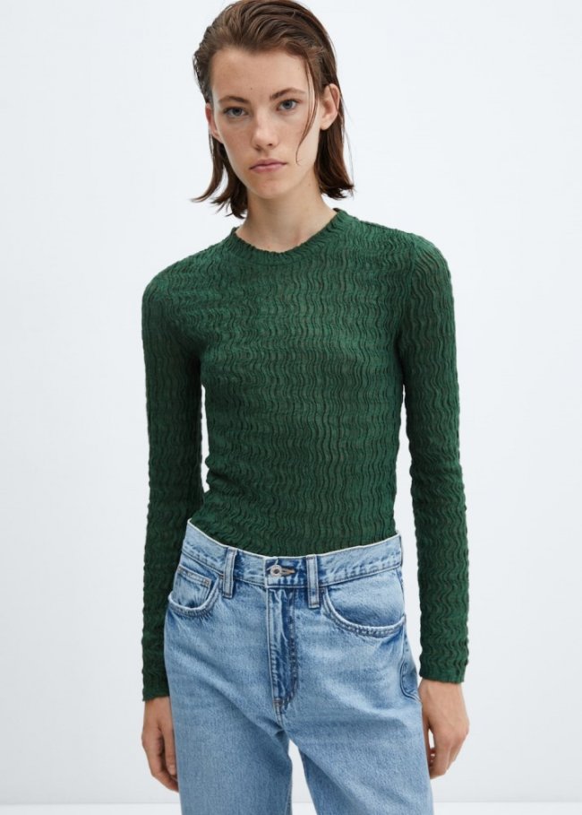 Mango Camiseta punto fruncido - Verde
