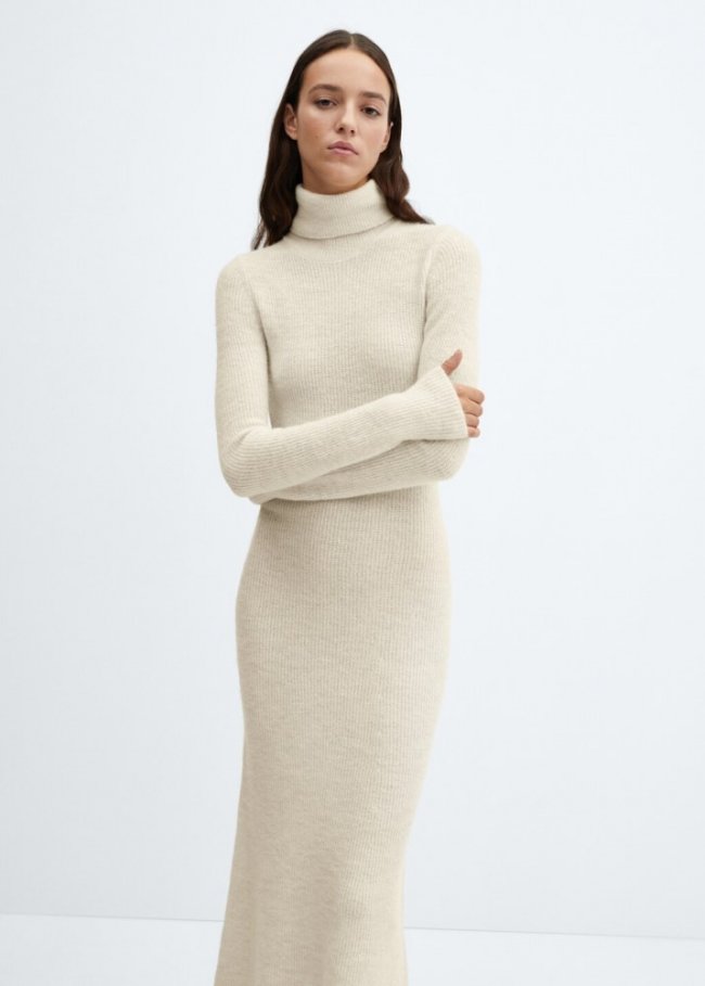Mango Vestido punto cuello vuelto - Crudo