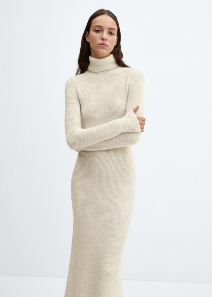Mango Vestido punto cuello vuelto - Crudo