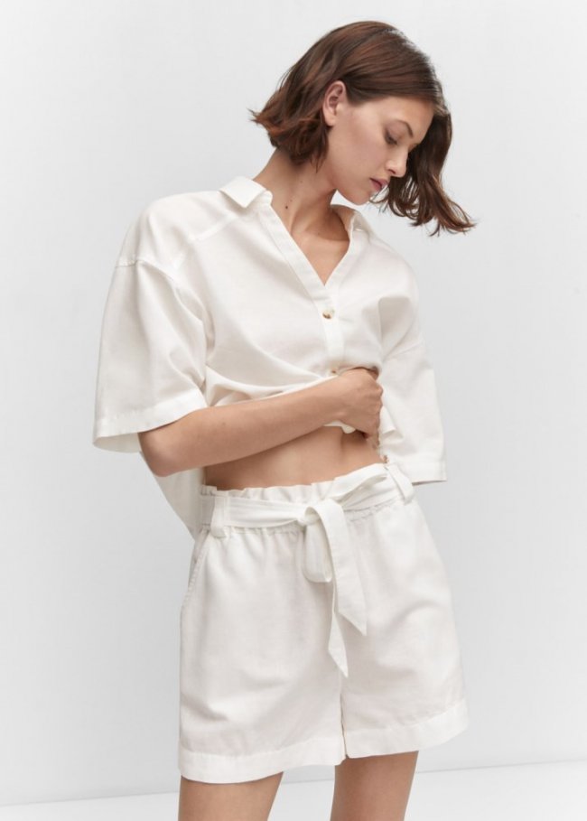Mango Shorts algodón lino - Blanco