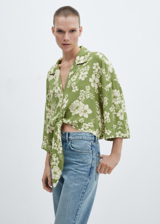 Mango Camisa estampado floral nudo - Verde