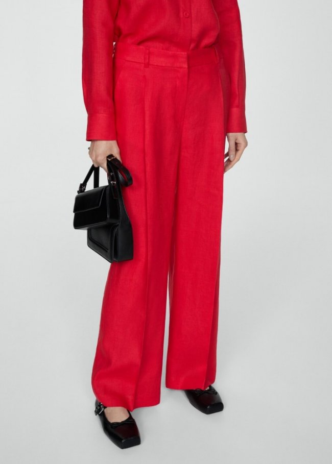 Mango Pantalón recto lino - Rojo coral