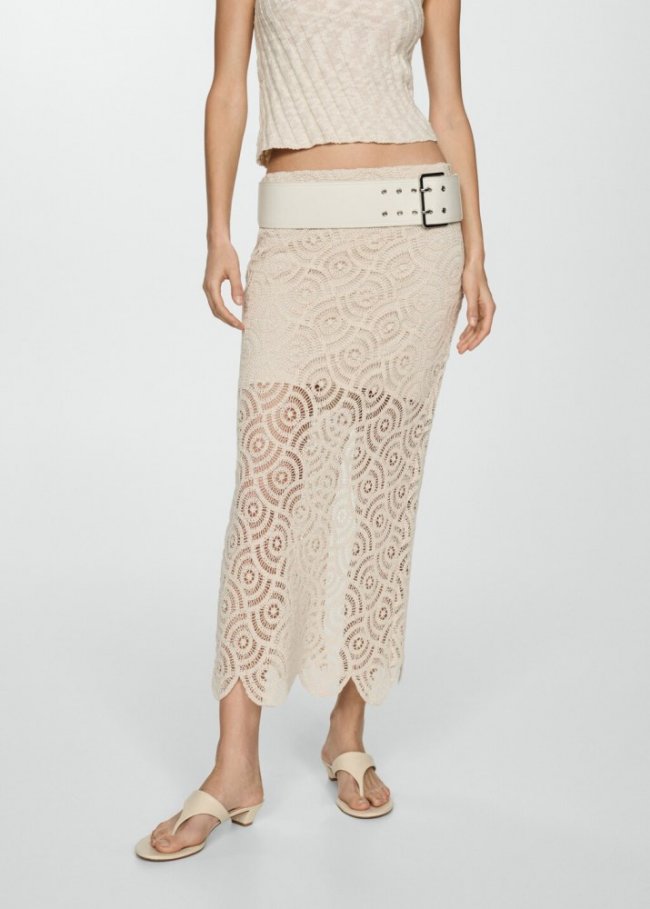Mango Falda midi crochet - Crudo