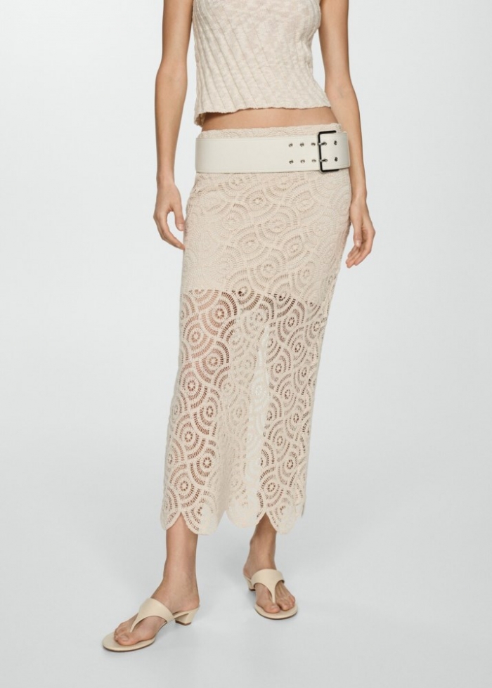 Mango Falda midi crochet - Crudo