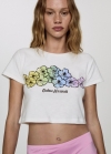Mango Camiseta crop estampada - Blanco roto
