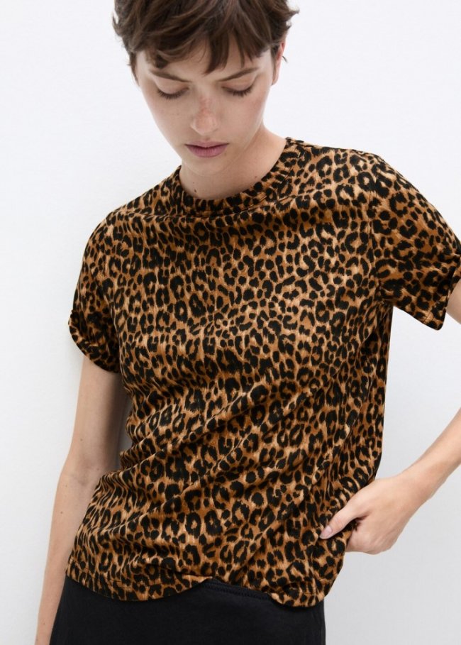 Mango Camiseta algodón animal print - Marrón