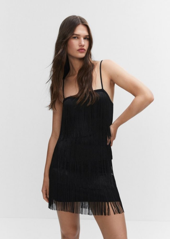 Mango Vestido flecos - Negro