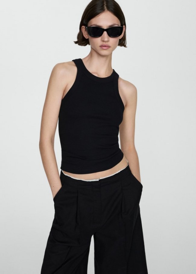Mango Top canalé algodón - Negro