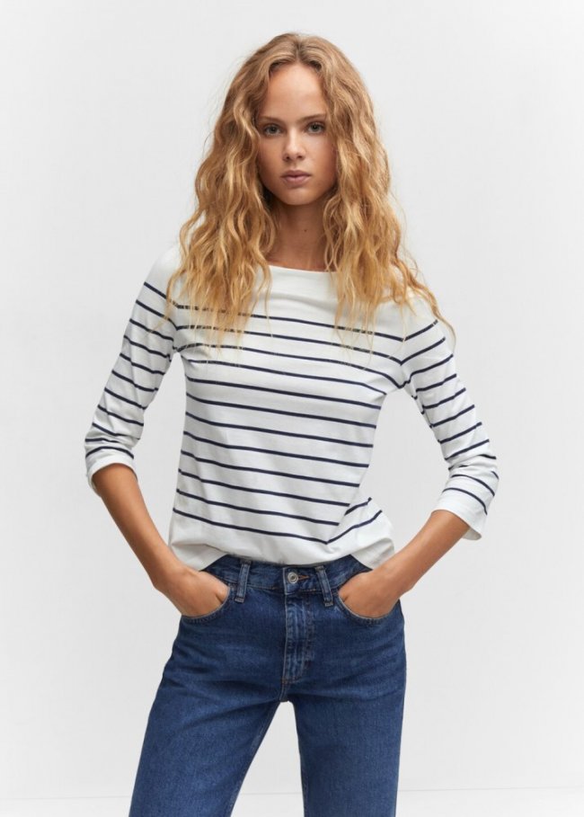 Mango Camiseta rayas cuello barco - Azul marino