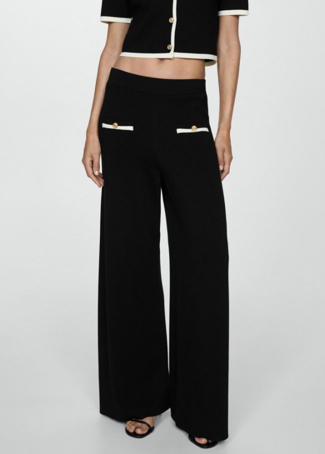 Mango Pantalón recto ribetes contraste - Negro