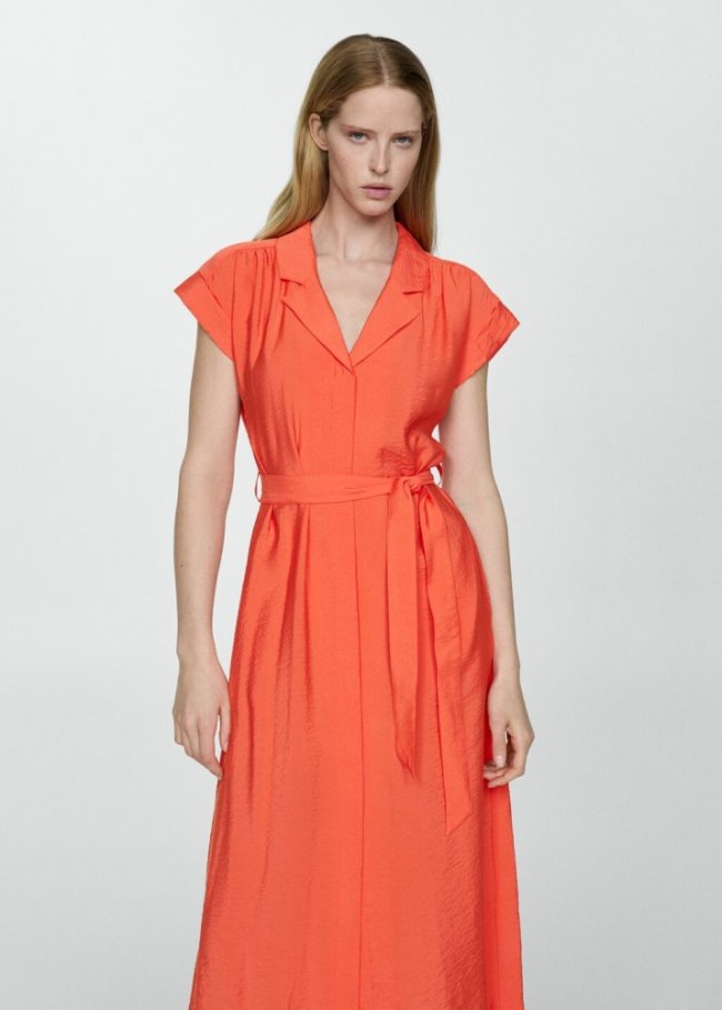 Mango Vestido camisero textura lazo - Rojo coral