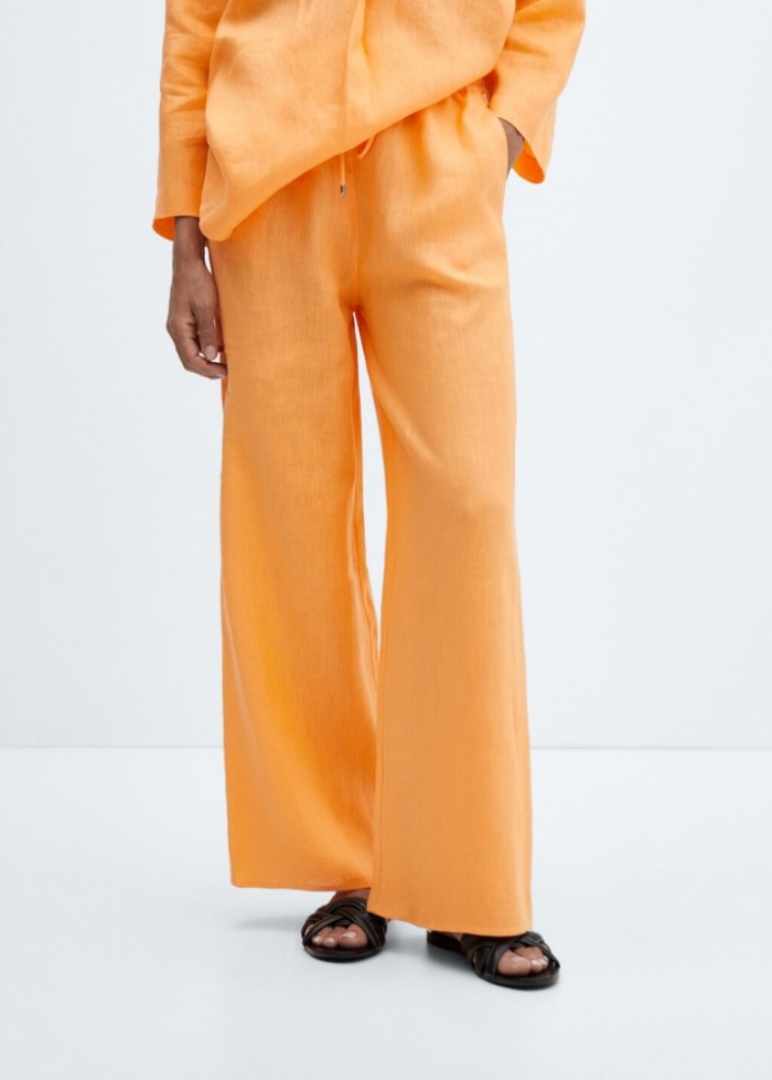 Mango Pantalón lino cintura elástica - Mandarina