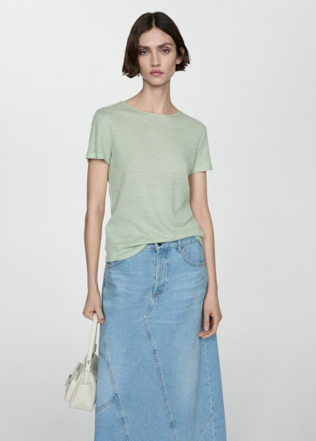 Mango Camiseta lino manga corta - Verde pastel