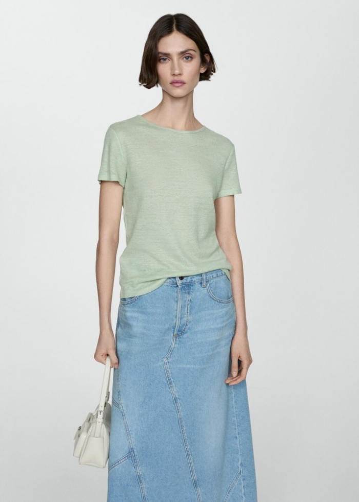 Mango Camiseta lino manga corta - Verde pastel