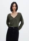 Mango Camiseta manga larga cuello pico - Khaki