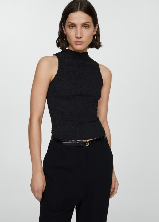 Mango Top textura fruncido - Negro