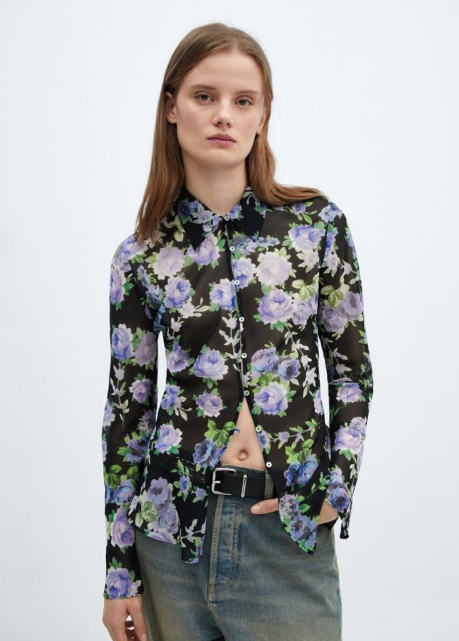 Mango Camisa estampada semitransparente - Negro