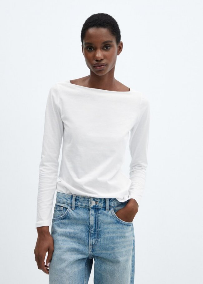 Mango Camiseta cuello barco algodón - Blanco