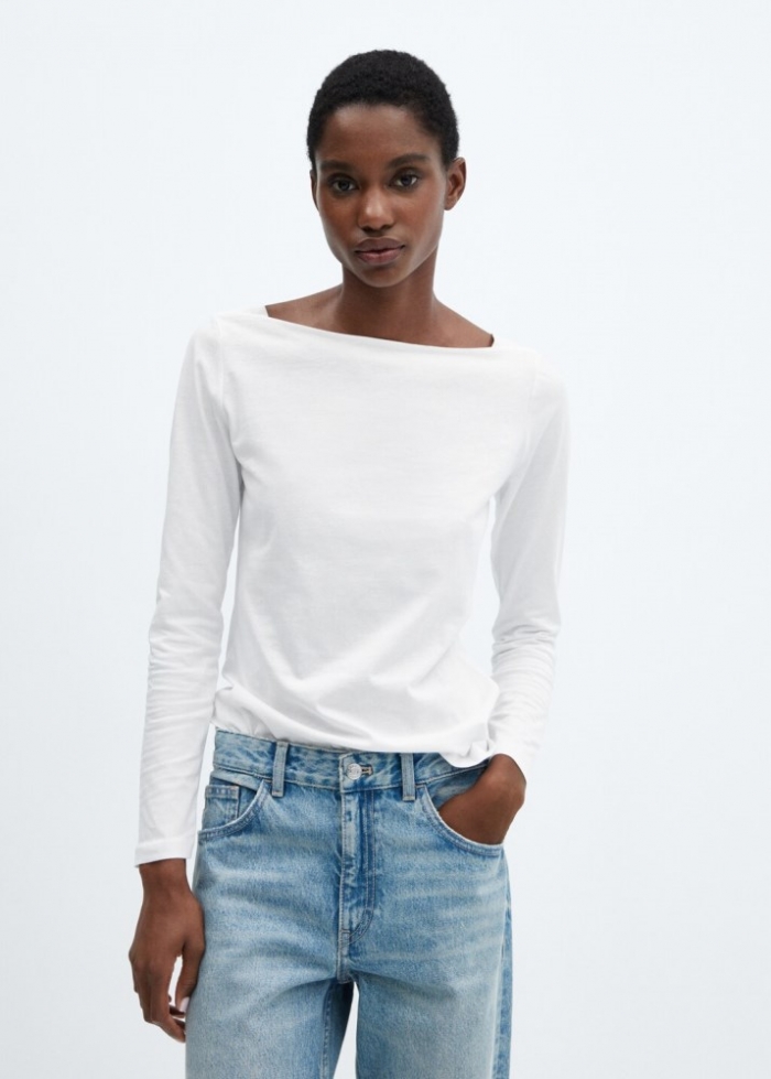 Mango Camiseta cuello barco algodón - Blanco