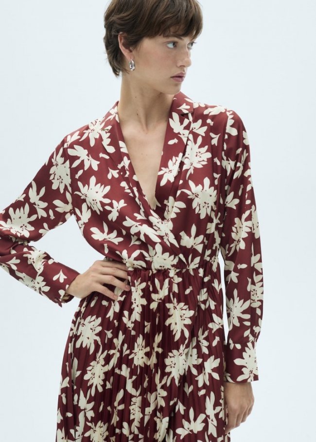 Mango Vestido plisado estampado - Granate