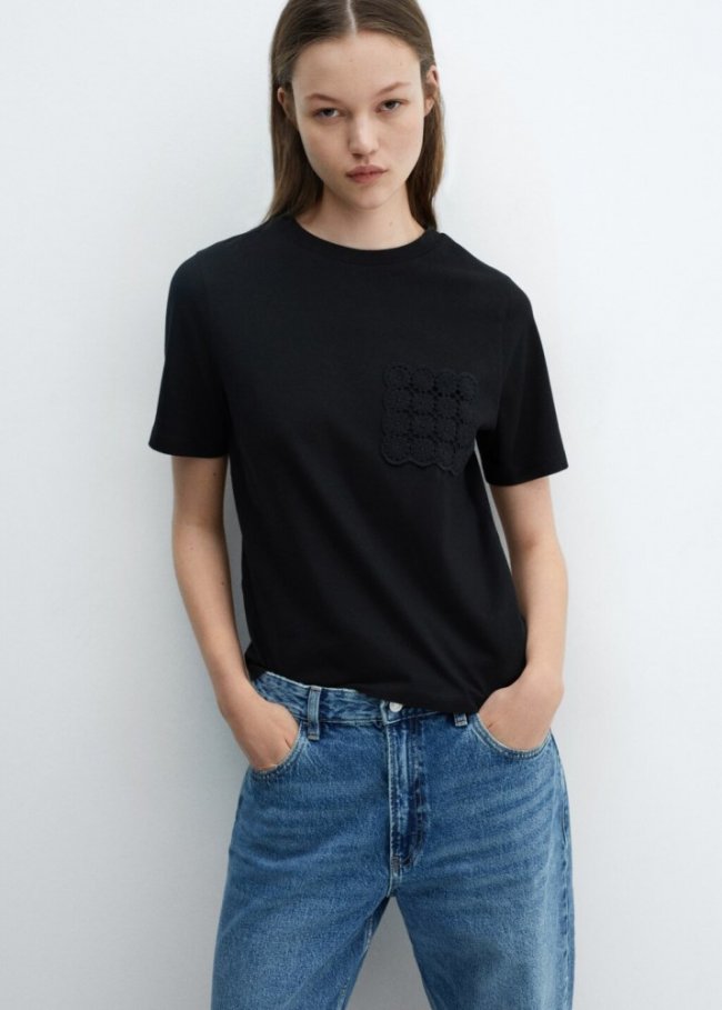 Mango Camiseta bolsillo crochet - Negro