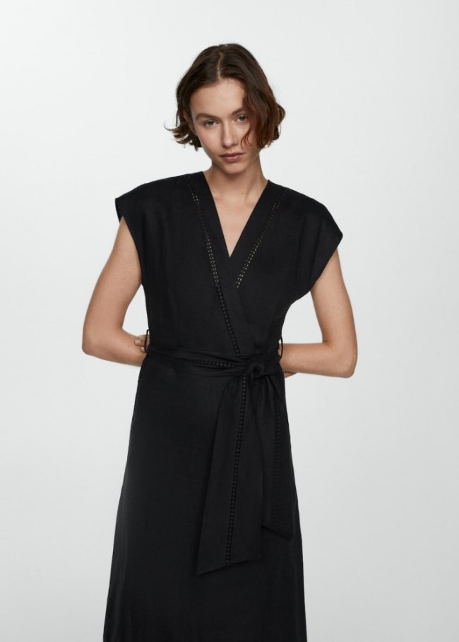 Mango Vestido lazo 100% lino - Negro
