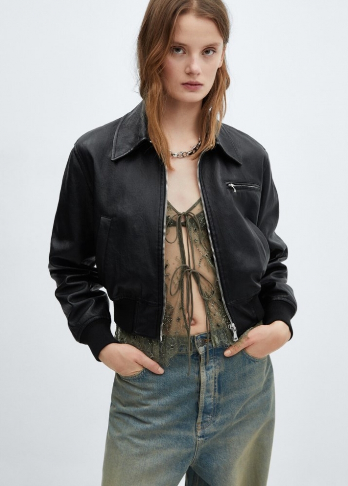 Mango Cazadora efecto piel vintage - Negro