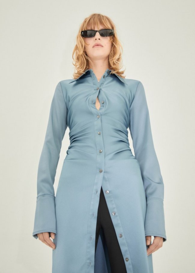 Mango Vestido camisero satinado entallado - Azul celeste