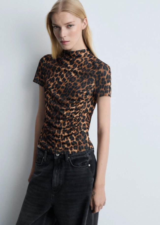 Mango Camiseta leopardo detalle fruncido - Marrón