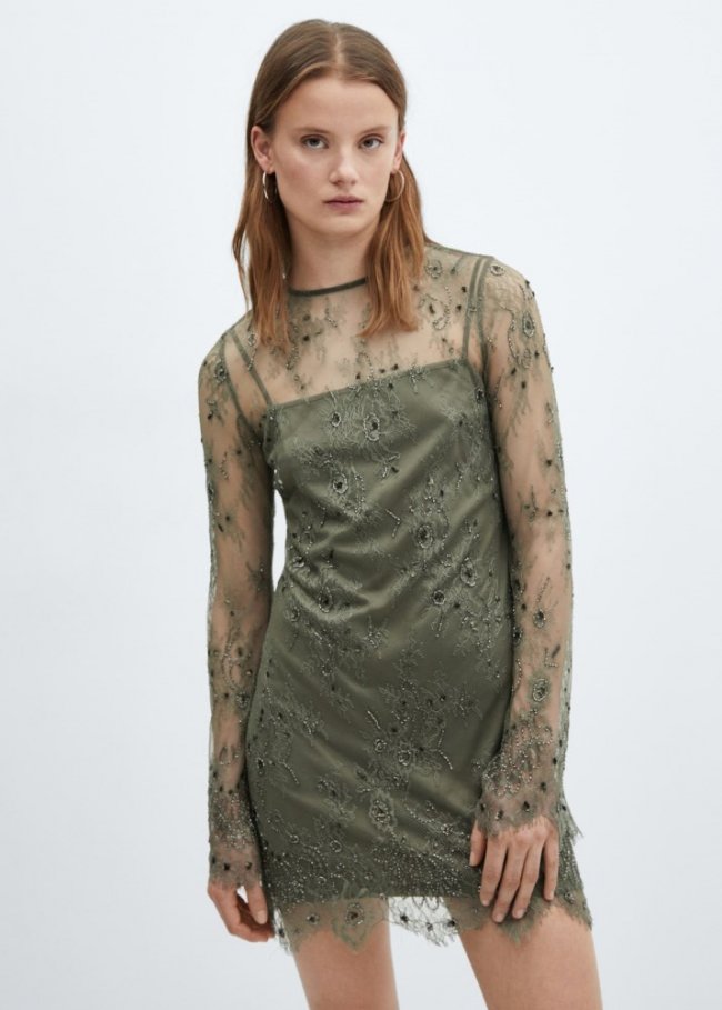 Mango Vestido encaje bordado - Gris claro/pastel