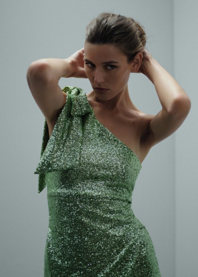 Mango Vestido asimétrico lentejuelas lazo - Verde