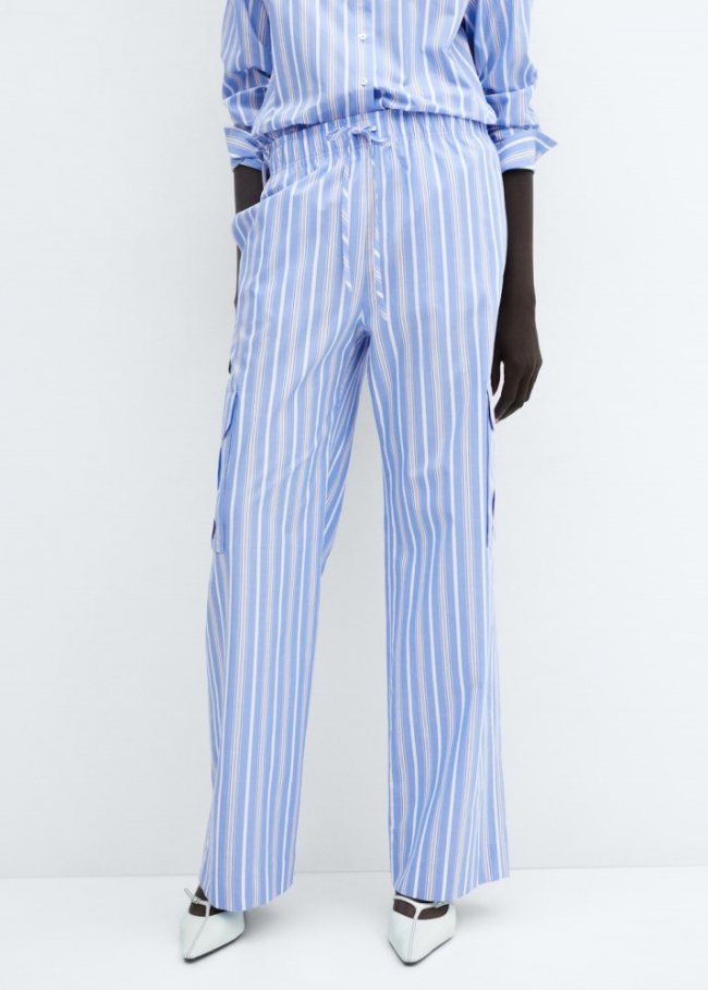 Mango Pantalón cargo algodón rayas - Azul celeste