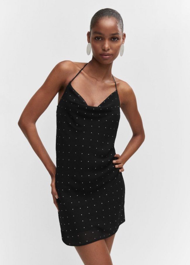 Mango Vestido escote drapeado strass - Negro
