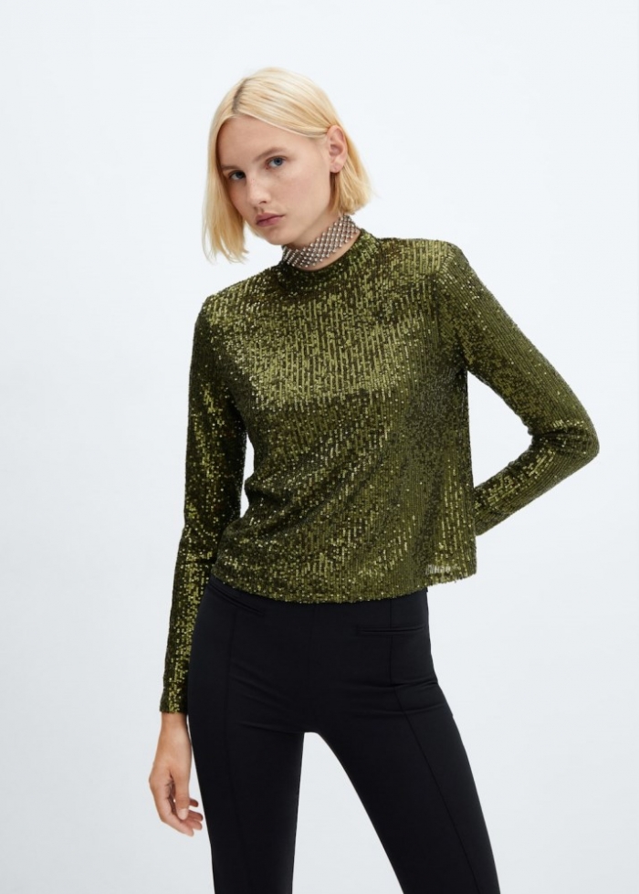 Mango Camiseta lentejuelas cuello alto - Oliva
