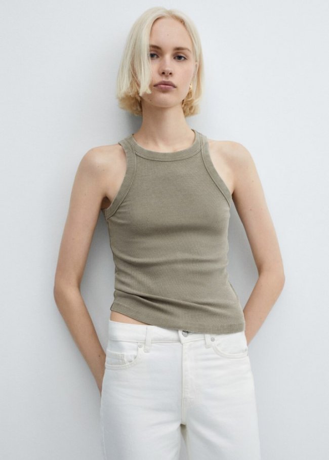 Mango Top lavado canalé algodón - Khaki