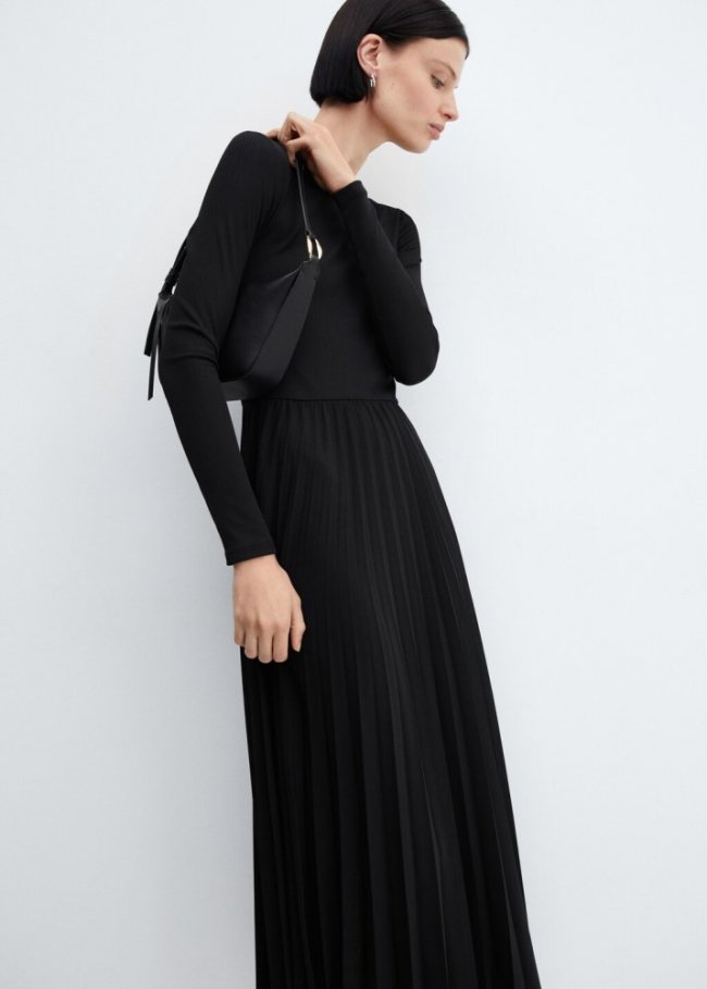 Mango Vestido bajo plisado - Negro