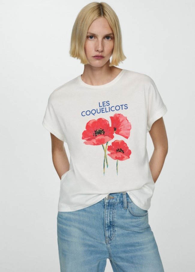 Mango Camiseta estampada algodón - Blanco roto
