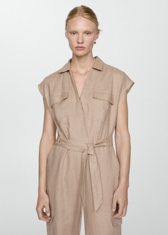 Mango Mono lino estilo cargo - Beige