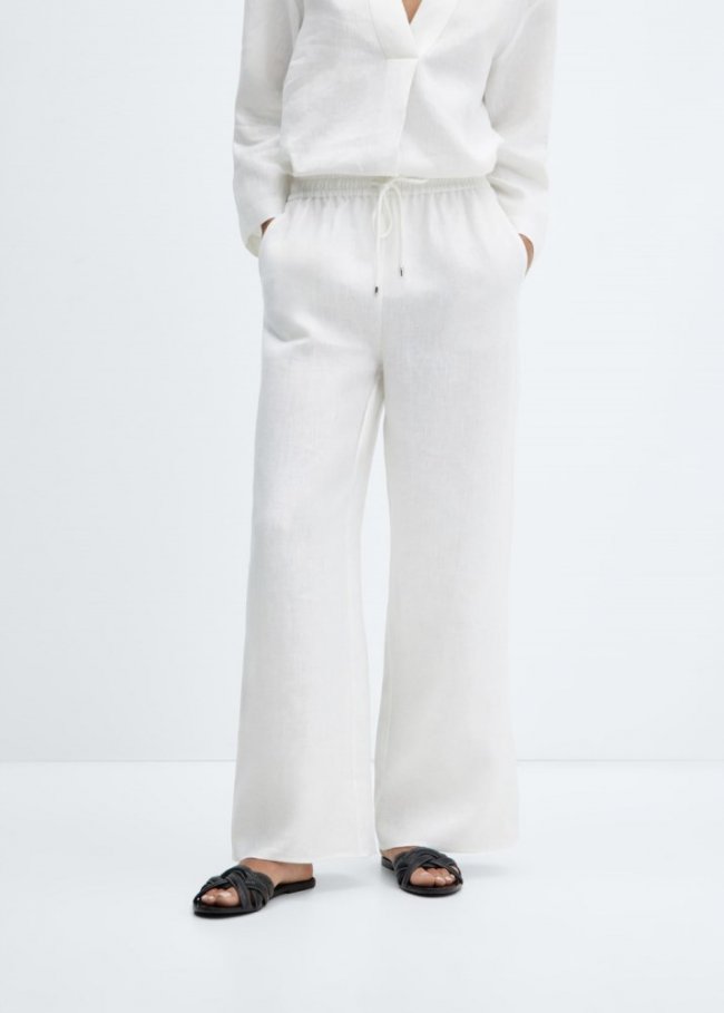 Mango Pantalón lino cintura elástica - Blanco