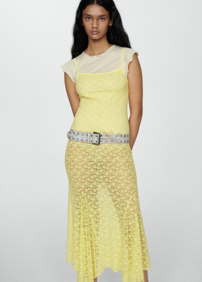 Mango Vestido encaje floral bajo asimétrico - Amarillo pastel