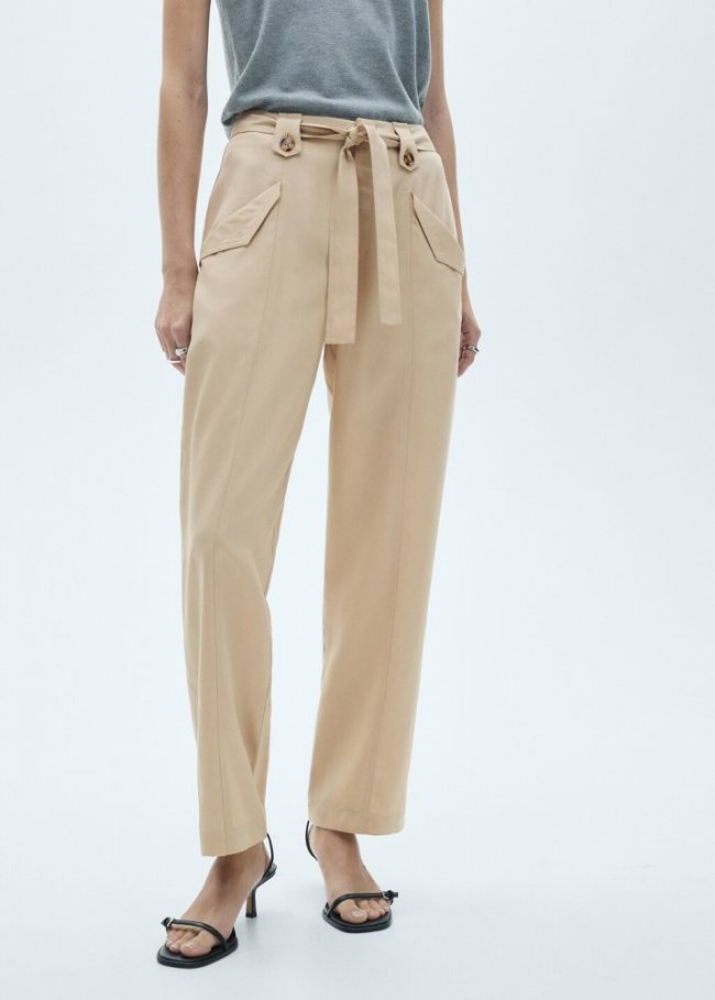 Mango Pantalón trabillas botón lazo - Beige