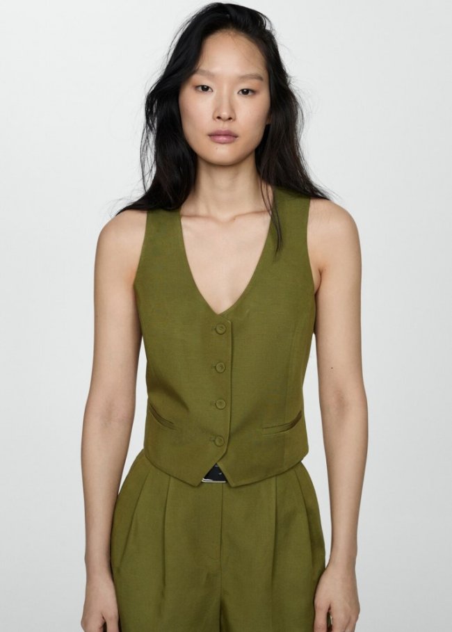 Mango Chaleco lino botones - Khaki