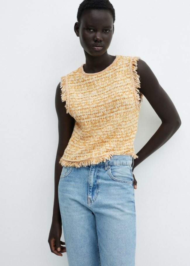 Mango Top tweed detalle deshilachado - Amarillo pastel