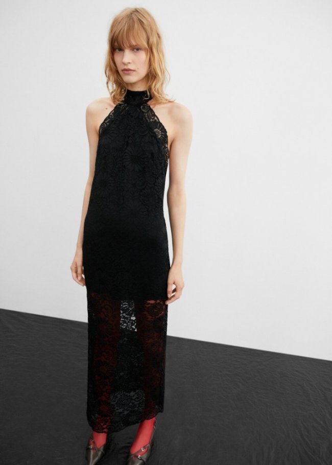 Mango Vestido encaje cuello halter - Negro