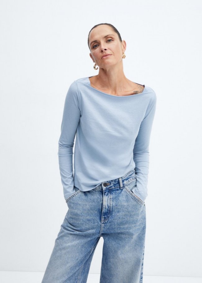 Mango Camiseta cuello barco algodón - Azul celeste
