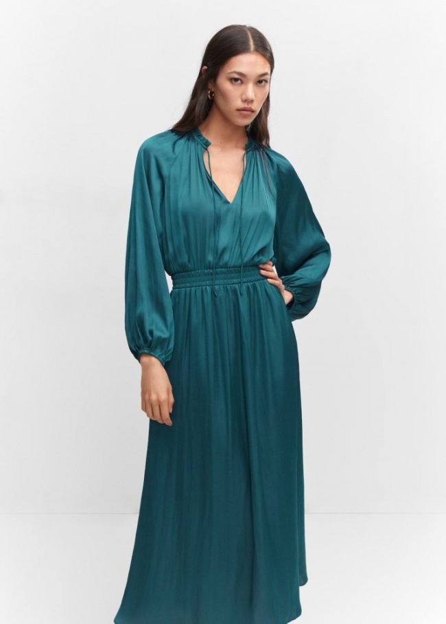Mango Vestido satinado manga abullonada - Azul petróleo