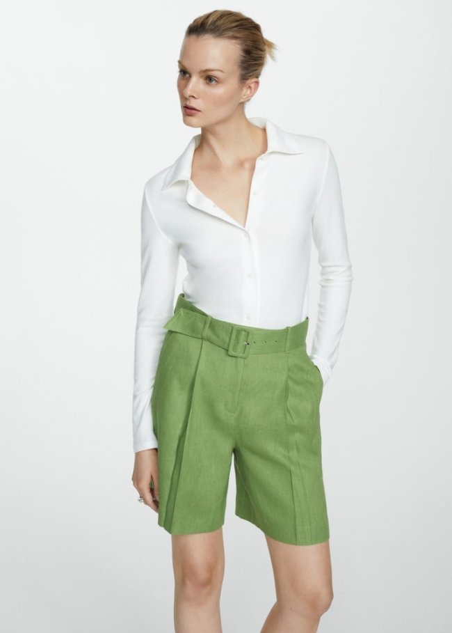 Mango Bermudas lino cinturón - Verde